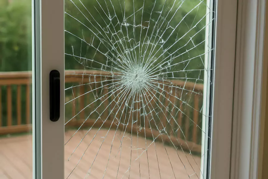 patio door with broken glass